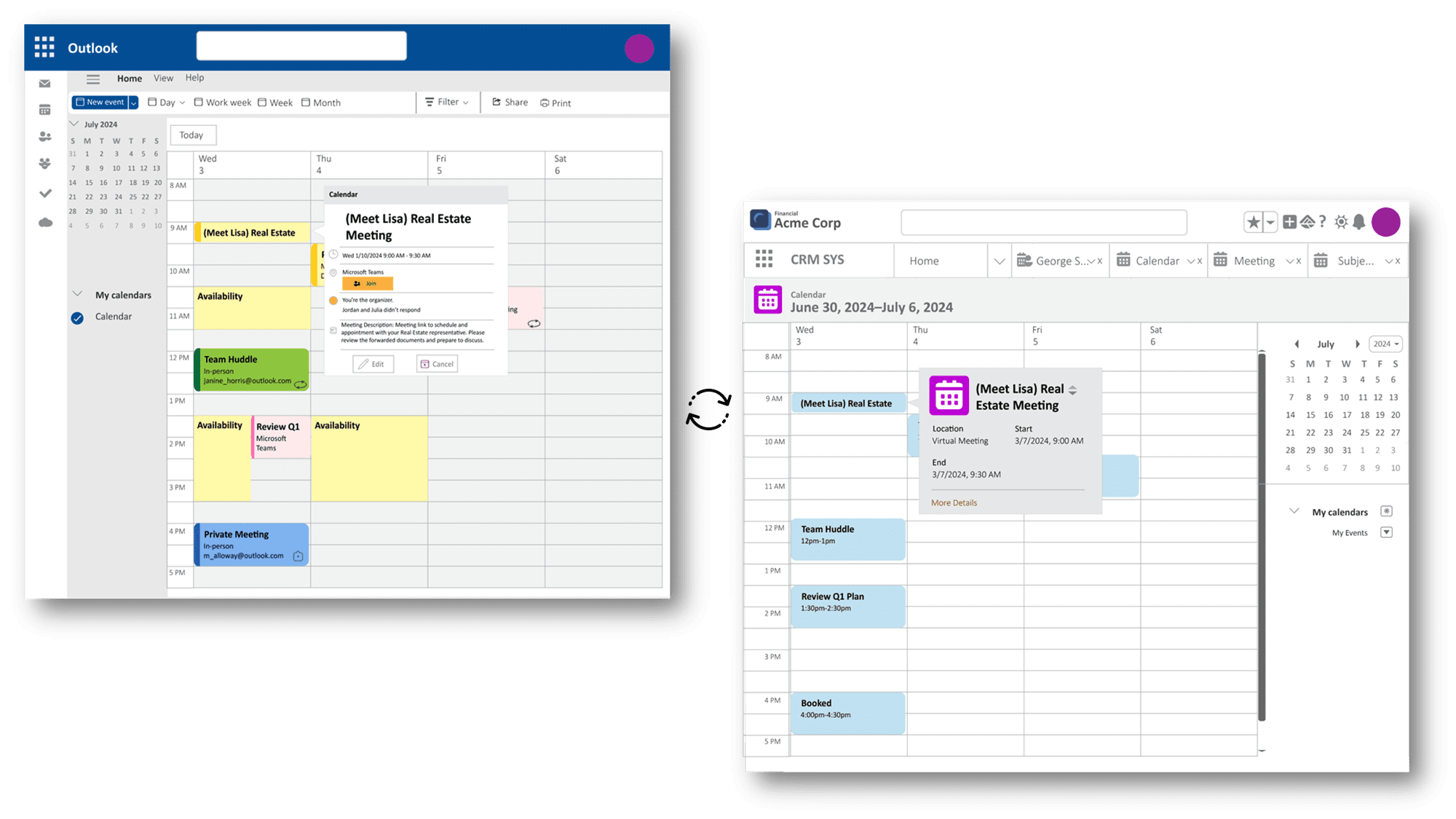 Outlook and Salesforce integration visual showing synced calendar events