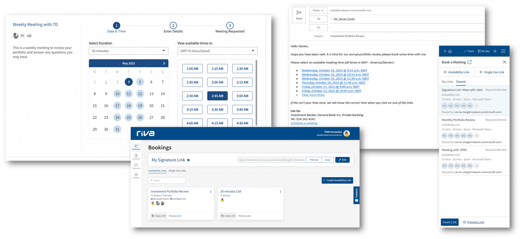 Riva Bookings scheduling software dashboards (sidebar and browser versions)