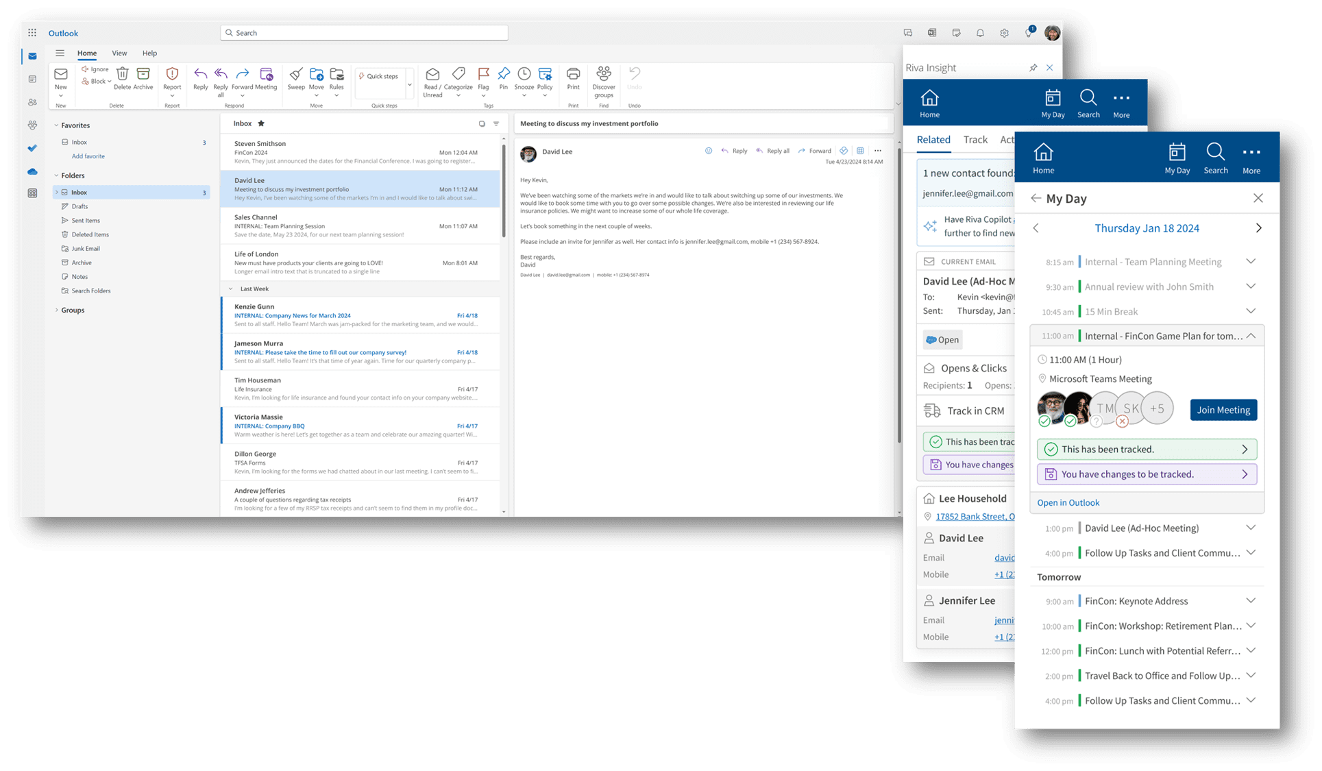 Riva Insight Outlook Side Panel displayed in a Microsoft Outlook inbox.