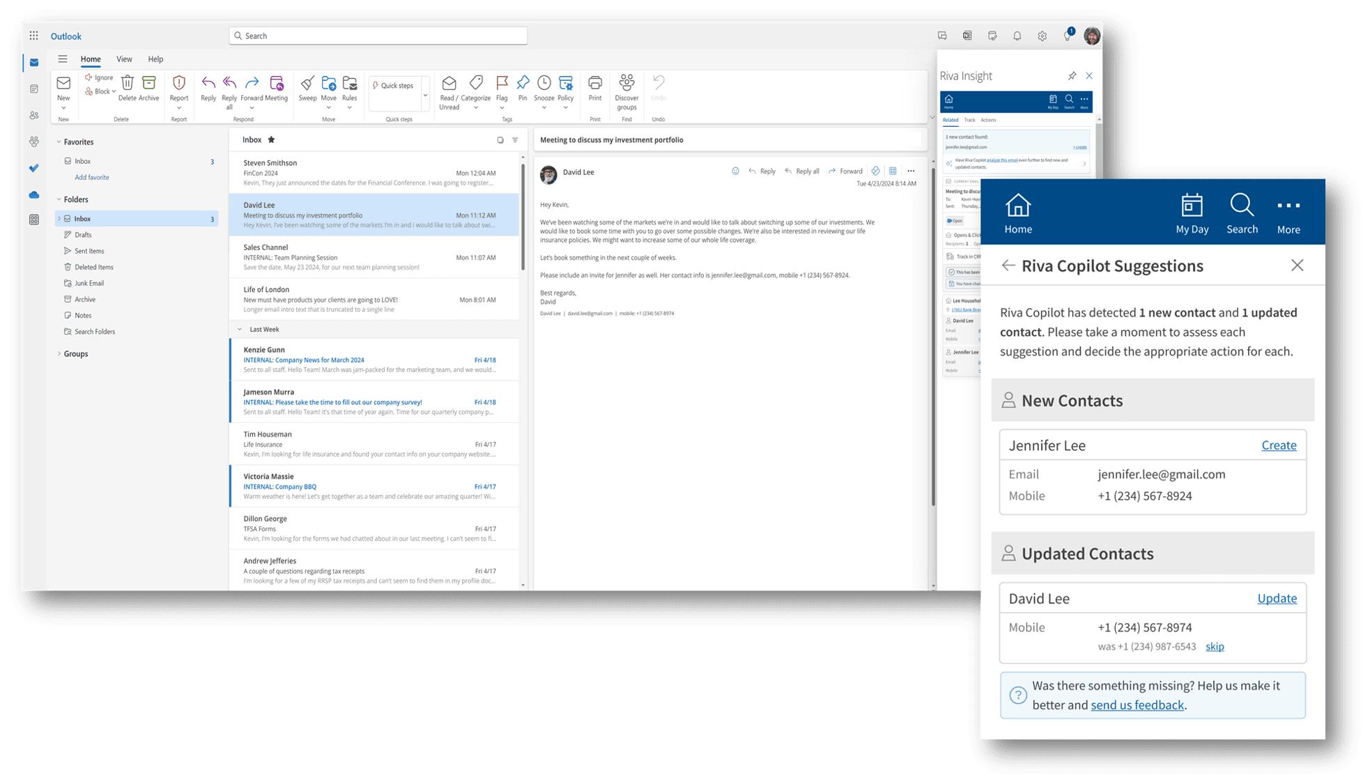 Riva copilot UI pulling contact info in Outlook