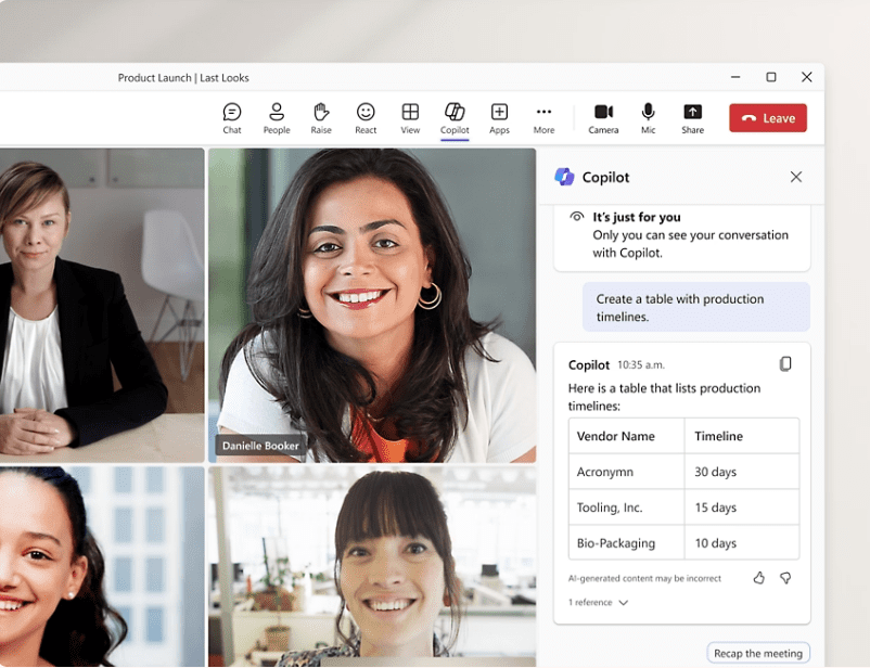 Microsoft Copilot ui in a teams meeting