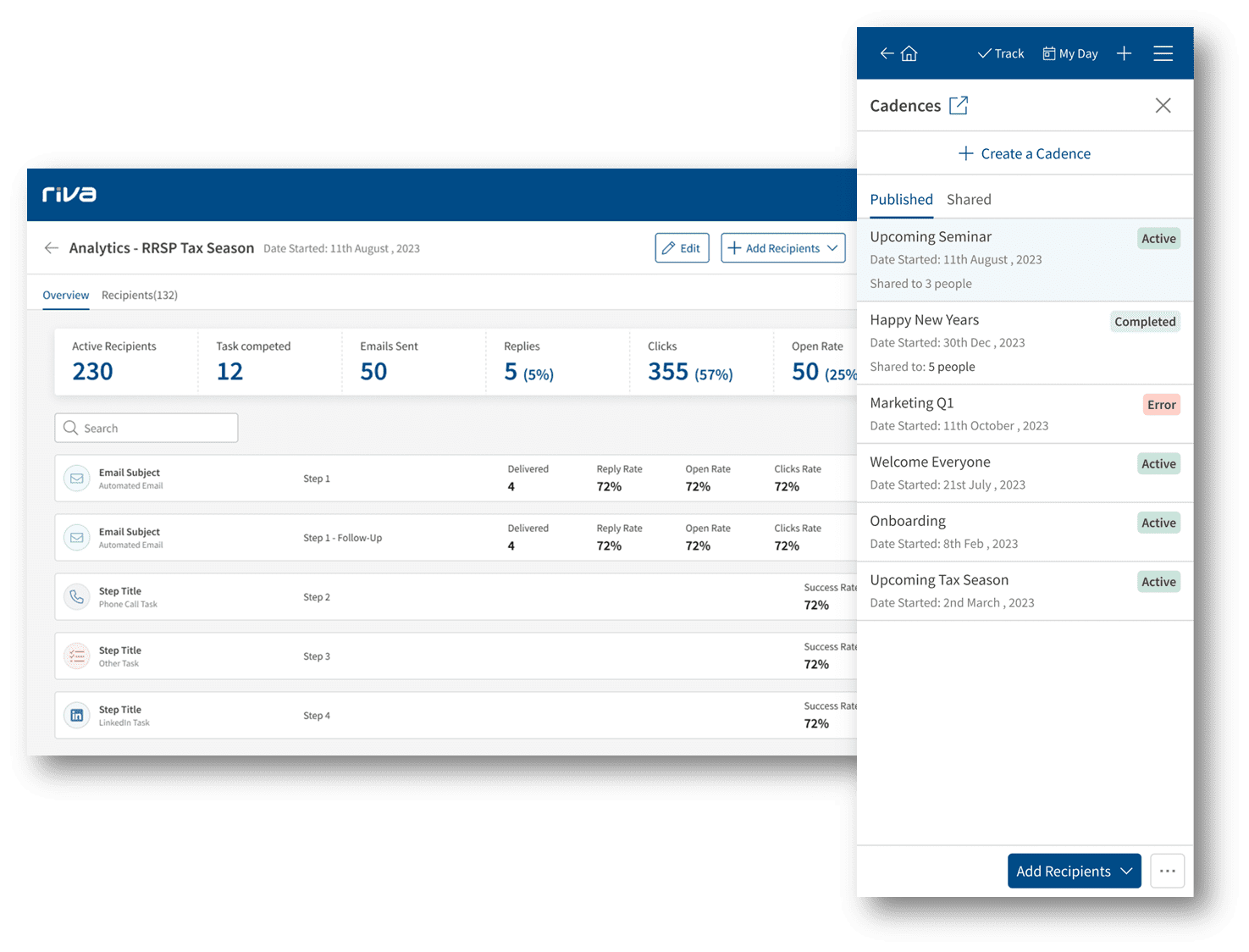 Riva sales engagement: Cadences screenshot