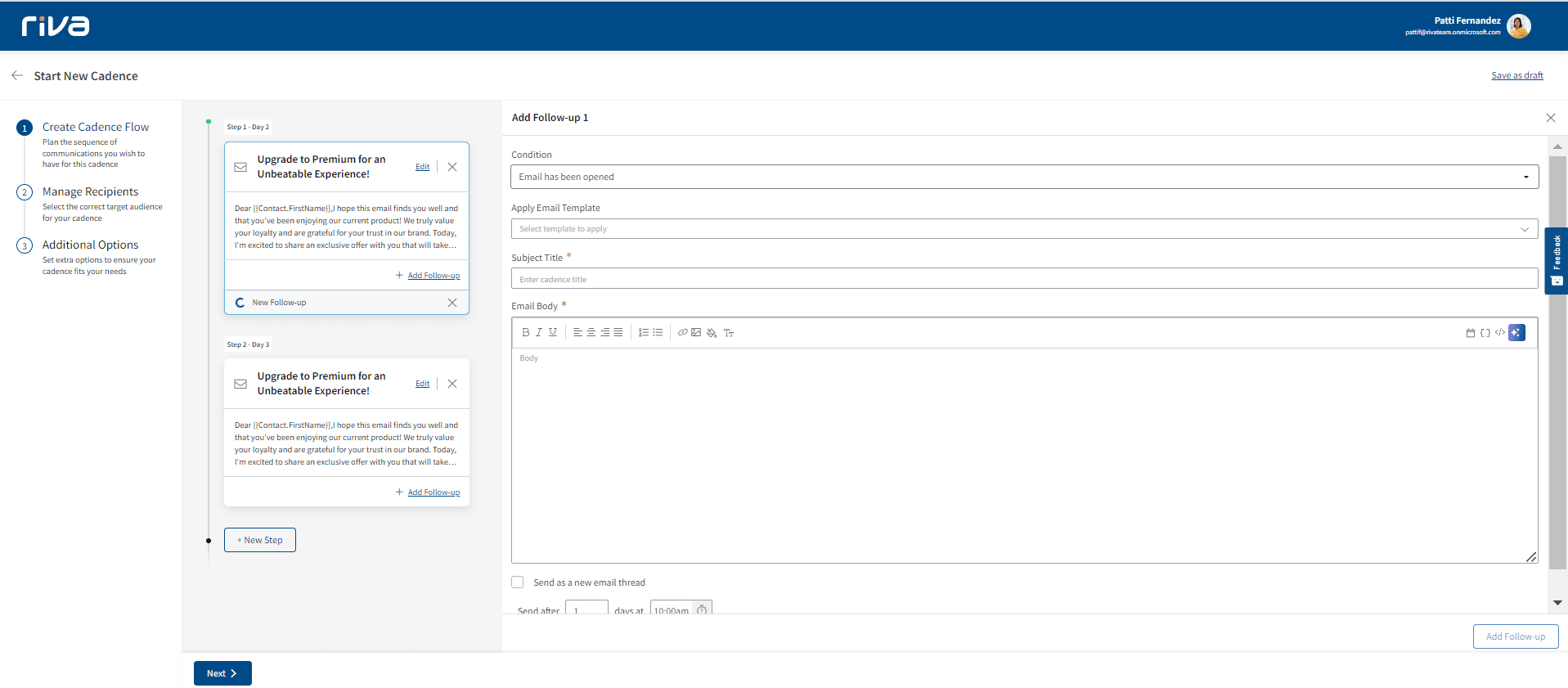 Riva Cadences UI - create cadence flow.