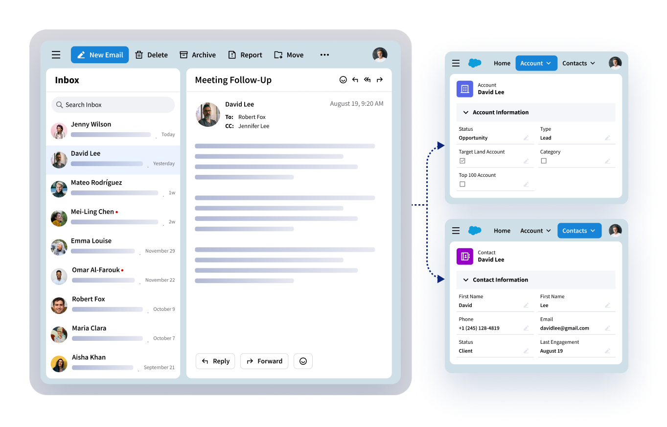 Inbox email data syncs to CRM.